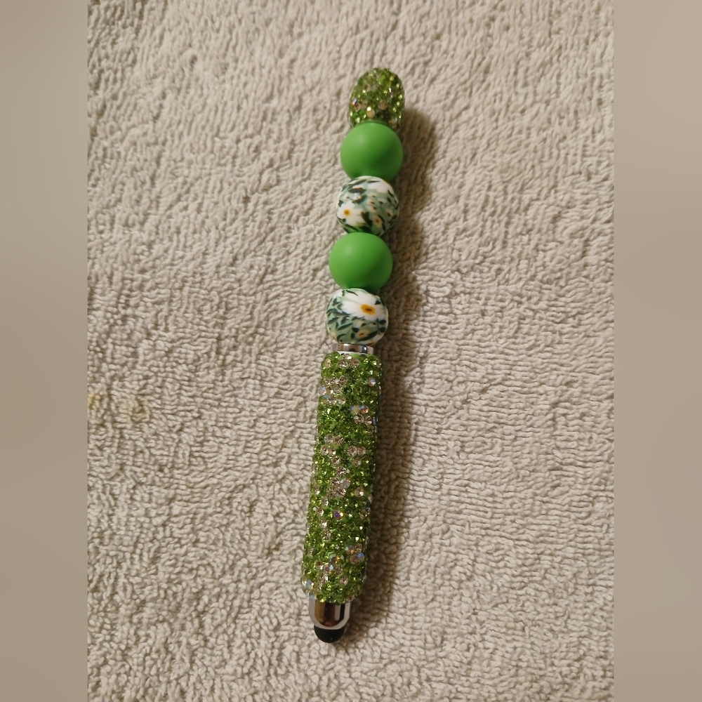 Green Beaded Stylus Pen with Floral Accents